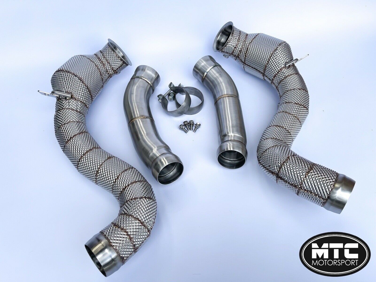 Mercedes C63 C63S W205 Downpipes with 200 Cell Hi-Flow Sports Cats & Heat Shield 14- | MTC Motorsport