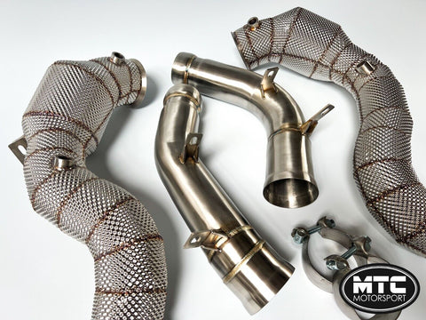Mercedes E63 S W213 Downpipes with 200 Cell Hi-Flow Sports Cats & Heat Shield | MTC Motorsport